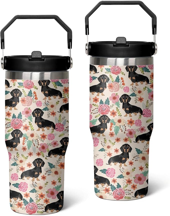 30 Oz Dachshund Tumbler with Handle and Straw, Coffee Mugs for Dog Lovers, Double Wall Stainless Steel Dog Mug, Dachshund Gifts for Women and Men