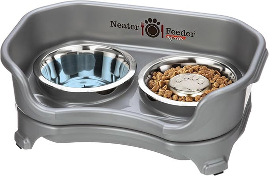 Neater Feeder Express Mess Proof Dog Bowls Elevated for Small Breed – Made in USA – No Spill Raised Slow Feeder Elevated Dog Bowl Stand, Stainless Steel Food and Water Bowl Set, Grey
