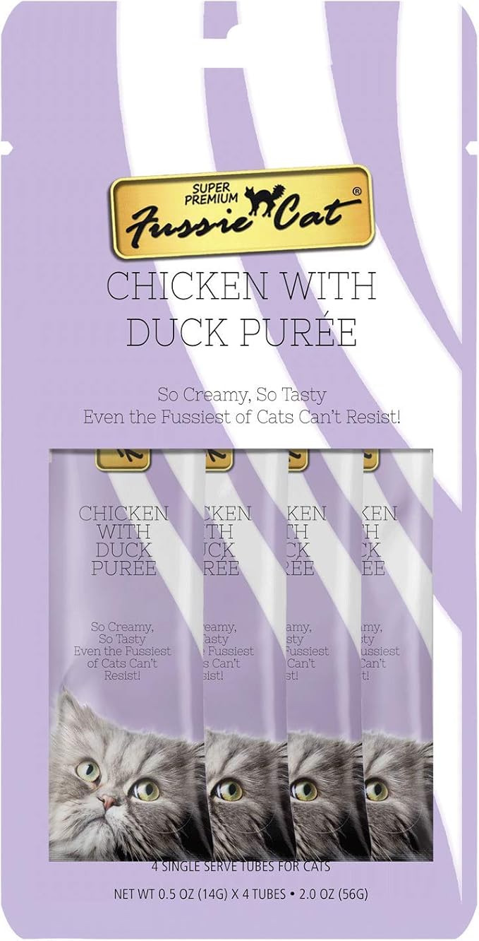 Fussie Cat Chicken with Duck Puree, lickable cat treats, 0.5oz pouch 4 Count (Pack of 1)