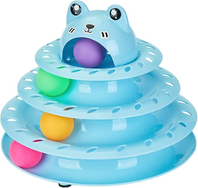 Gefryco Cat Toys Ball Track, Turntable Cat Tower Toy with 4-Tier Roller, Multi-Level Interactive Cat Toys for Indoor Cats, Fun Puzzle Kitten Exercise Toys with Colorful Chase Balls(Blue)