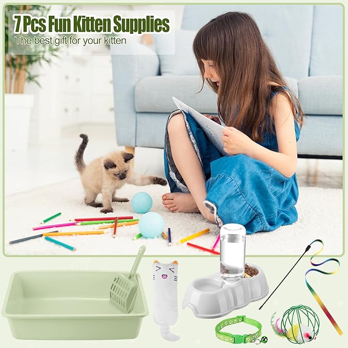 7 Pcs Small Cat Kitten Starter Kit Cat Litter Box with Shovel Cat Paw Litter Mat Double Automatic Cat Bowls Cat Toy Teaser Stick Cat Collar Essentials Kits for 1-3 Lbs Beginner (Green,Simple)