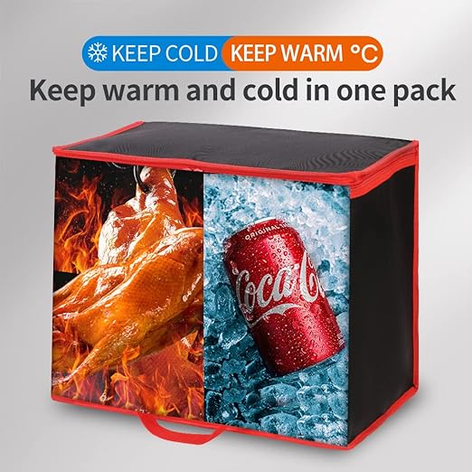 Bodaon 2-Pack Insulated Reusable Grocery Shopping Bags, X-Large Picnic Cooler Bag with Zipper Zippered Top Cold, Black with Red Edge