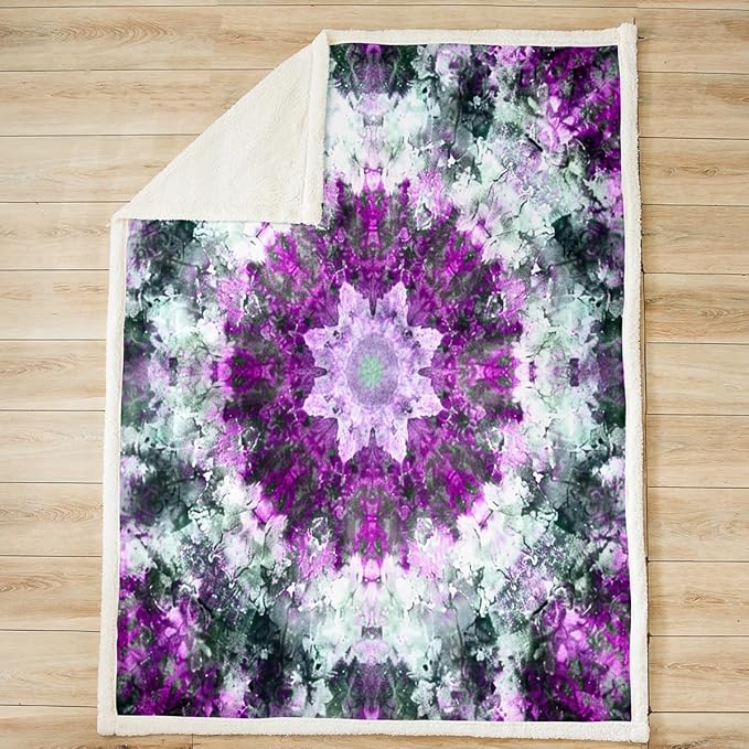 Tie Dye Sherpa Blanket Paisley Fleece Throw Blanket Boho Psychedelic Swirl Plush Blanket for Sofa Couch Bed Room Decor Bohemian Gypsy Chic Hippie Mandala White Purple Fuzzy Blanket Throw 50x60 Inch