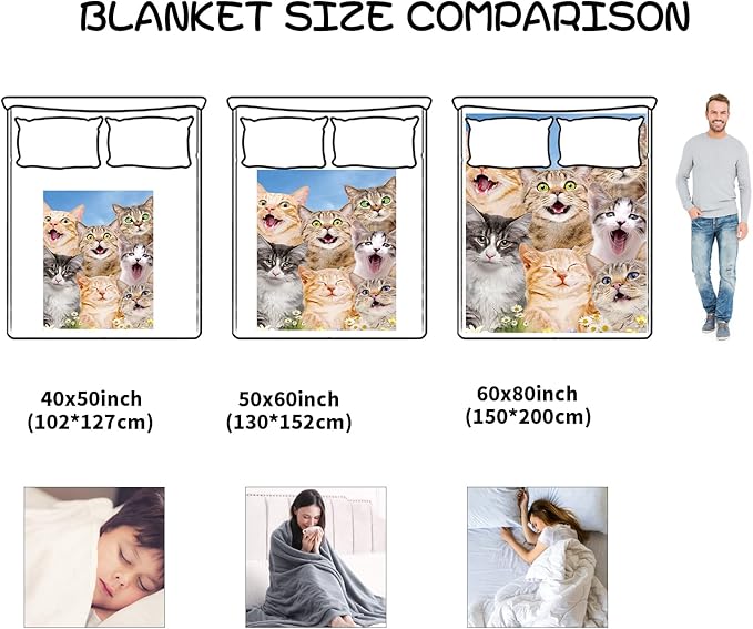 Cartoon Selfie Cat Flannel Fleece Bed Blanket, Kitten Fleece Throw Blanket for Cat Lovers, Cat Blankets for Women, Men and Kids Super Soft Plush Cat Blanket Throw for Sofa Couch Bedroom(60" X 80")