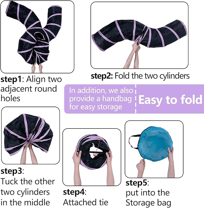 EGETOTA Cat Tunnel for Indoor Cats Large, with Play Ball S-Shape 4 Way Collapsible Interactive Peek Hole Pet Tube Toys, Puppy, Kitty, Kitten, Rabbit (S4 - Black & Pink)