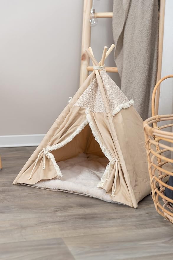 TRIXIE Boho Tipi, Cat Cave, Cat Condo, Cat Bed Tent, Cat Retreat with Reversible Cushion