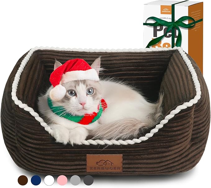 Cat Dog Bed for Pets, Rectangle Pet Bed Gift for Puppy and Kitten, Machine Washable Calming Fluffy Pet Couch Sofa for Indoor Outdoor, Portable Soft Cat Bed with Non-Slip Bottom (Small, Brown)