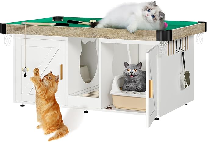 DWVO 4 in 1 Cat Toys Mini Pool Table for Cats, Litter Box Enclosure for 2 Cats, Cat Pool Table Tower with Feather Wand Interactive Exercise Play Rest Beds & Litter Box Furniture, White, Large