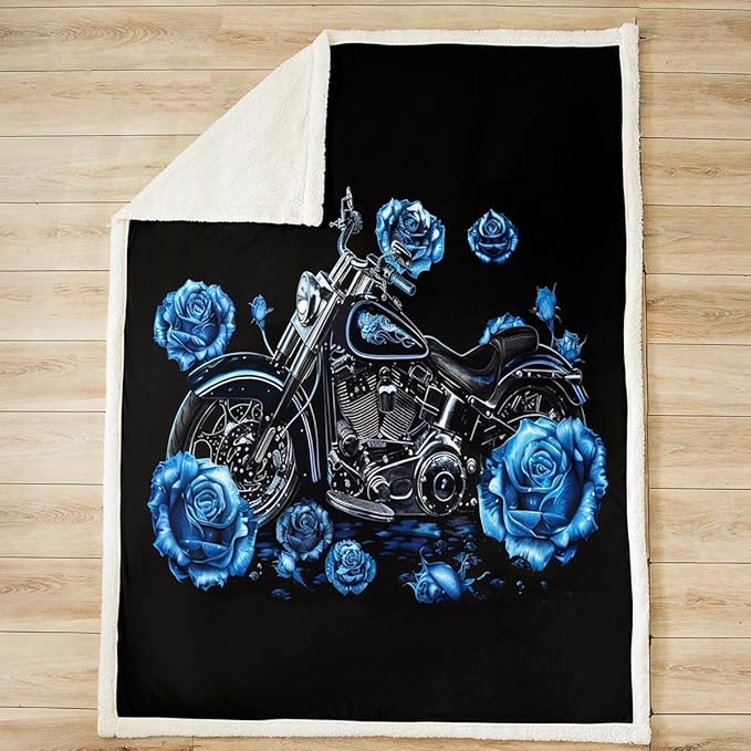 Motocross Rider Fleece Throw Blanket Motorcycle Pattern Design Sherpa Blanket for Sofa Couch Bed Blue Roses Plush Blanket Floral Dirt Bike Motorbike Fuzzy Blanket Bedroom Decor Queen 90x90 Inch