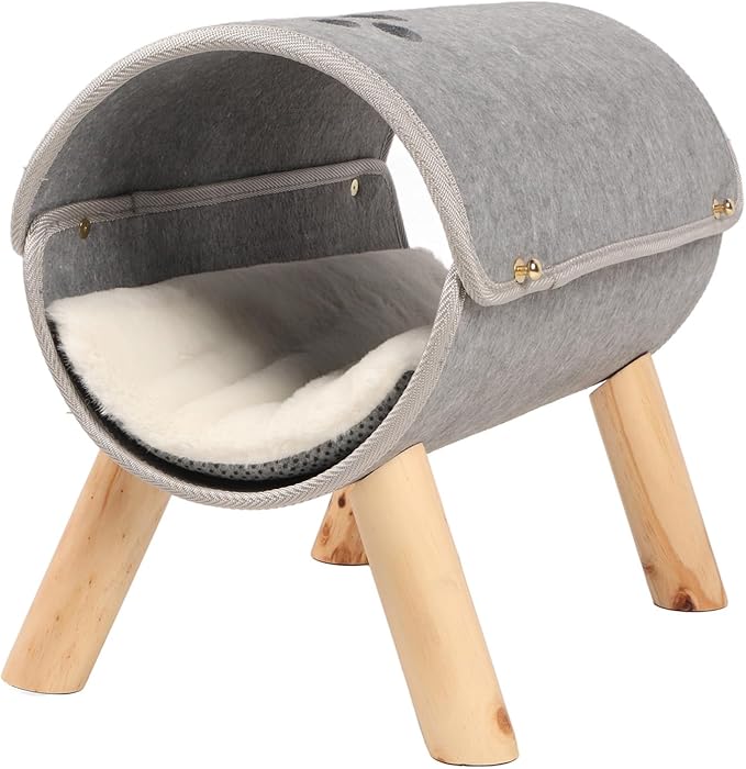Cat Tunnel Bed, Elevated Cat Tunnel, Wooden Legs Soft Felt Plush Pad Pet Tunnel Bed Cat Peekaboo Cave for Cats, and Small Dogs, Washable Cat Play Tunnel for Hideaway