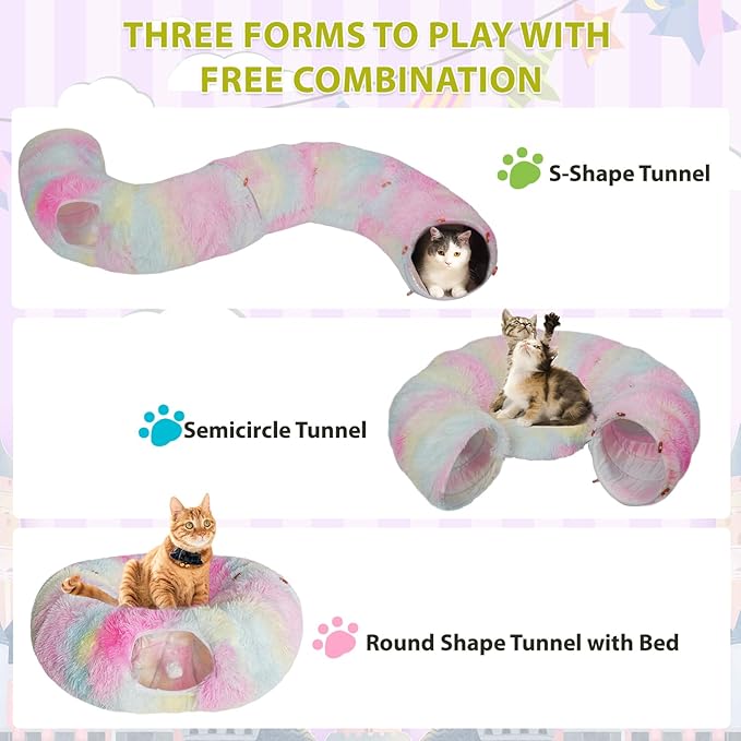 KOMUSMO Cat Tunnel Bed with Central Mat and Hanging Ball Toy, Multifunctional Large Cat Bed Cave Donut for Indoor Cats, Soft Plush Fluffy Collapsible Peekaboo Cave for Small Medium Large Cats Kittens
