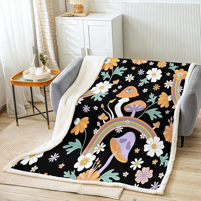 Erosebridal Trippy Mushroom Blanket Groovy Floral Throw Blanket Twin Size Multicolor Mushroom Pattern Modern Theme Animals Fluffy Ultra Soft Super Cozy Breathable Lightweight