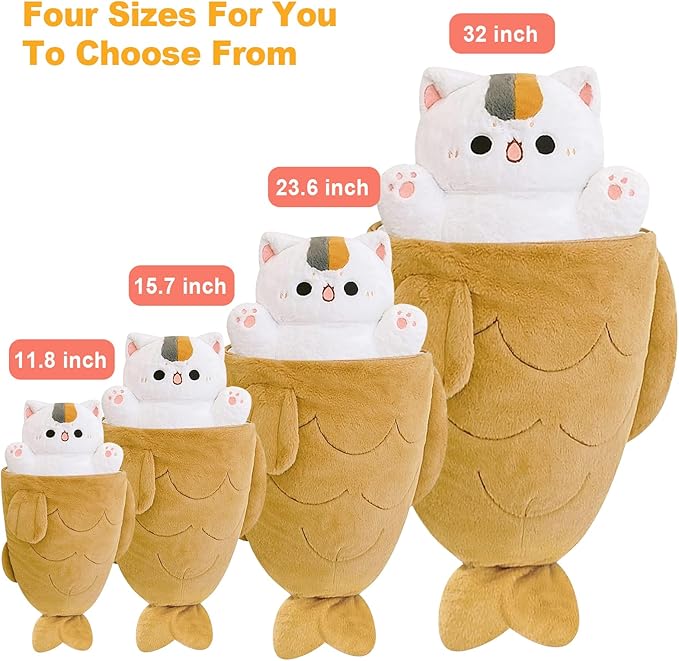 Ditucu 15.7 inch Taiyaki Cat Plush Pillow Cute Kitten Inside Fish 2 in 1 Soft Stuffed Animal Plushies Toys with Outfit Sleeping Doll Gifts for Girls Boys