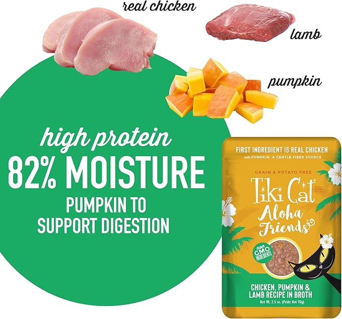 Tiki Cat Aloha Friends, Chicken, Pumpkin & Lamb, Grain-Free & High Moisture, Wet Cat Food for All Life Stages 2.5 oz. Pouch (Pack of 12)