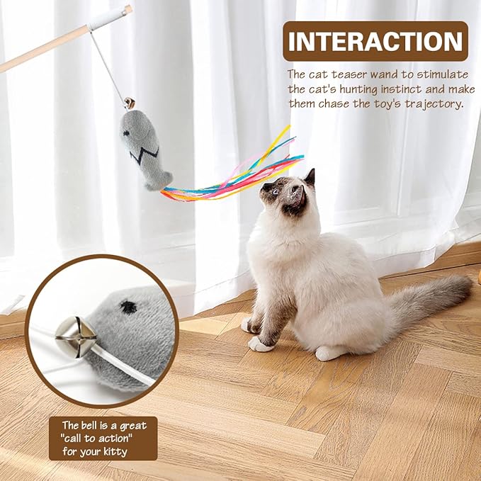 Fashion&cool Cat Wand Toy, 3pcs 16 Inch Natural Wooden Cat Teaser Wand with 5 Pcs Silvervine Sticks for Cat, Interactive Elastic String Cat Stick Pole Toy for Indoor Cats