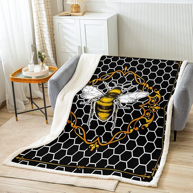 Erosebridal Cute Honey Bee Twin Size Kawaii Animal Fleece Sherpa Blanket - Black and White Geometric Hexagon Honeycomb Pattern