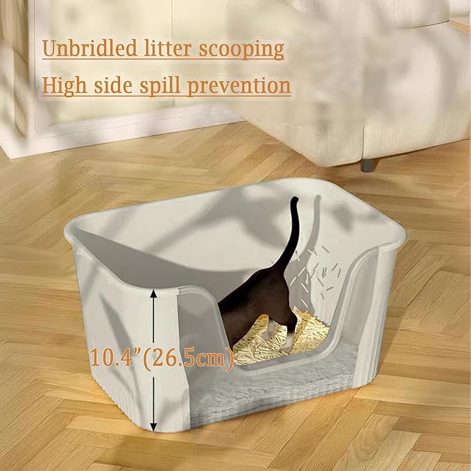 High Sided Large Cat Litter Box, Open Kitty Litter Box with High Sides, 21.5”×15.4”×10.5” High Wall Litter Box for Small and Medium Cats (Grey)
