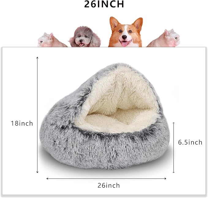 ShinHye Cat Bed Round Plush Fluffy Hooded Cat Bed Cave, Cozy for Indoor Cats or Small Dog beds, Soothing Pet Beds Dog Cave Bed - Waterproof Bottom Washable, (26×26inch, Grey)