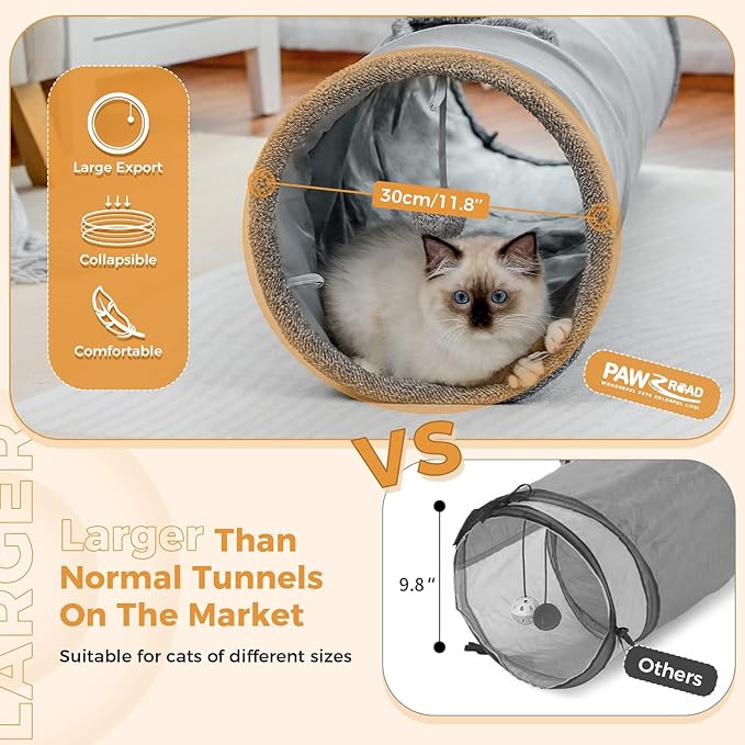 PAWZ Road Cat Tunnel 51 Inches Long Cat Toys Collapsible Tunnel 12 Inches in Diameter Large Cat Tube for Big Cat,Rabbits and Puppy- Large