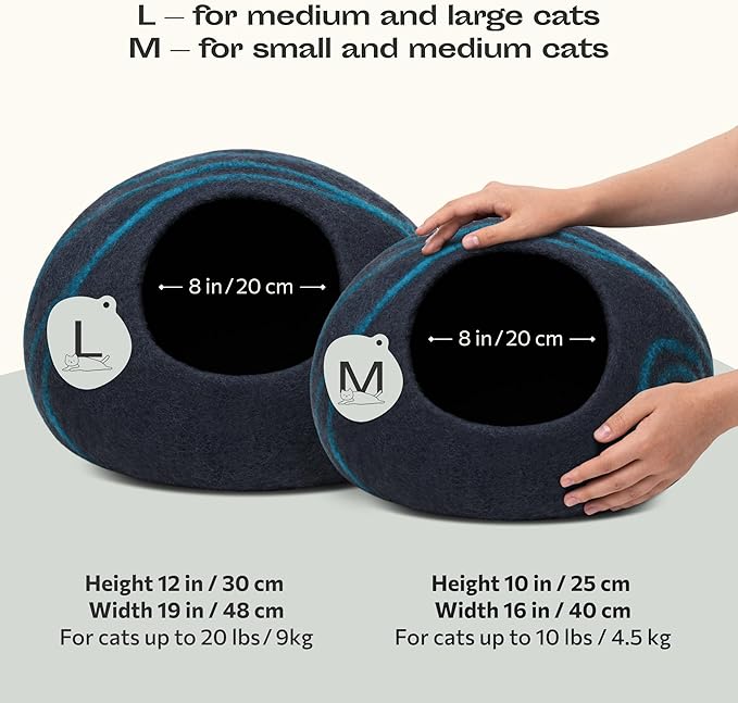 MEOWFIA Cat Cave – Premium Felt Cat Bed for Indoor Cats, Handmade 100% Merino Wool (Dark Shades) (Large, Black Aqua)