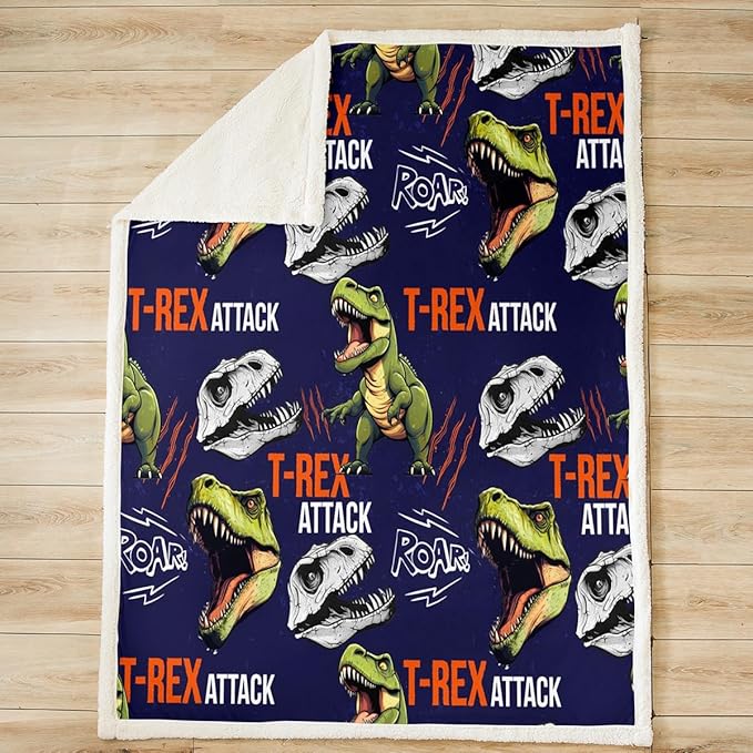 Dinosaur Sherpa Blanket Horror T-Rex Plush Blanket Jungle Animals Pattern Fleece Throw Blanket for Sofa Couch Bed Cute Cartoon 3D Dinosaur Printed Fuzzy Blanket Ultra Soft Room Decor King 87x95 Inch