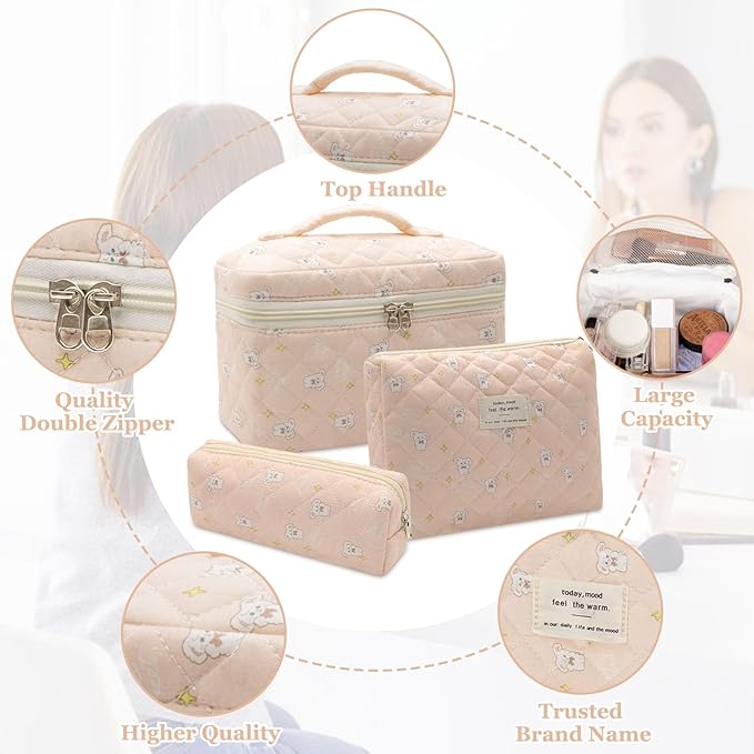 3pc Makeup Bag Set, Quilted Makeup Bag Set, Large Floral Cosmetic Bag for Women, Cute Cotton Makeup Bags, Flower Travel Toiletry Organizer Bag (Star White Rabbit)
