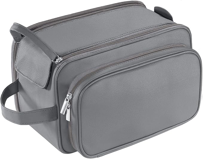 Buruis Extra Large Toiletry Bag for Men, Travel Toiletry Organizer Dopp Kit Water-resistant Shaving Bags, PU Leather Cosmetic Bathroom Shower Bag for Toiletries, Grooming, Accessories (Grey)
