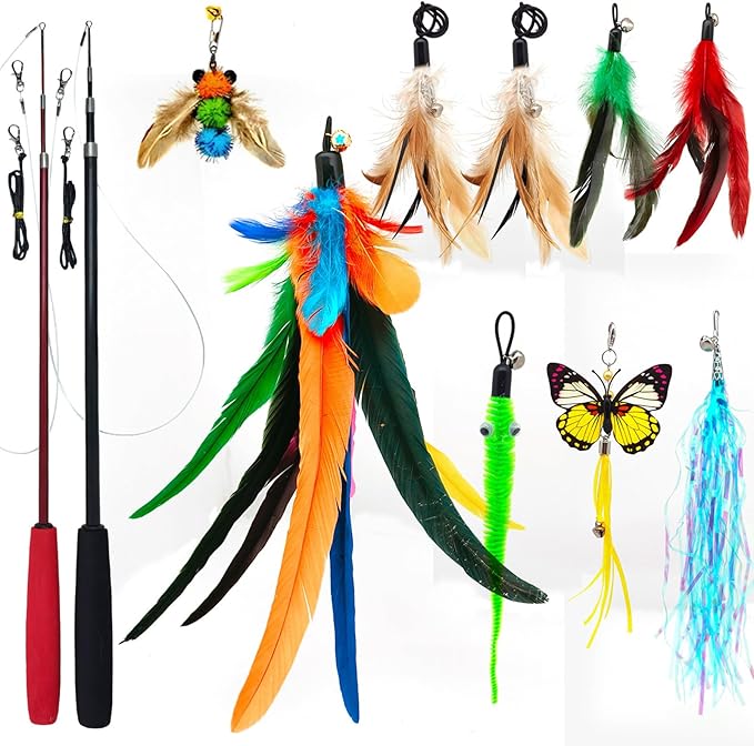 Cat Toy 2PCS Ultra-Long Cat Teaser(50"+38")+9PCS Da Bird Feather Refills,Cat Fishing Pole Toy,Interactive Cat Toys -Retractable Cat Wand Toy and Feather Toys Refills for Indoor Cats