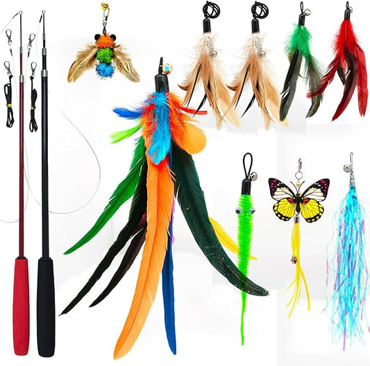 Cat Toy 2PCS Ultra-Long Cat Teaser(50"+38")+9PCS Da Bird Feather Refills,Cat Fishing Pole Toy,Interactive Cat Toys -Retractable Cat Wand Toy and Feather Toys Refills for Indoor Cats