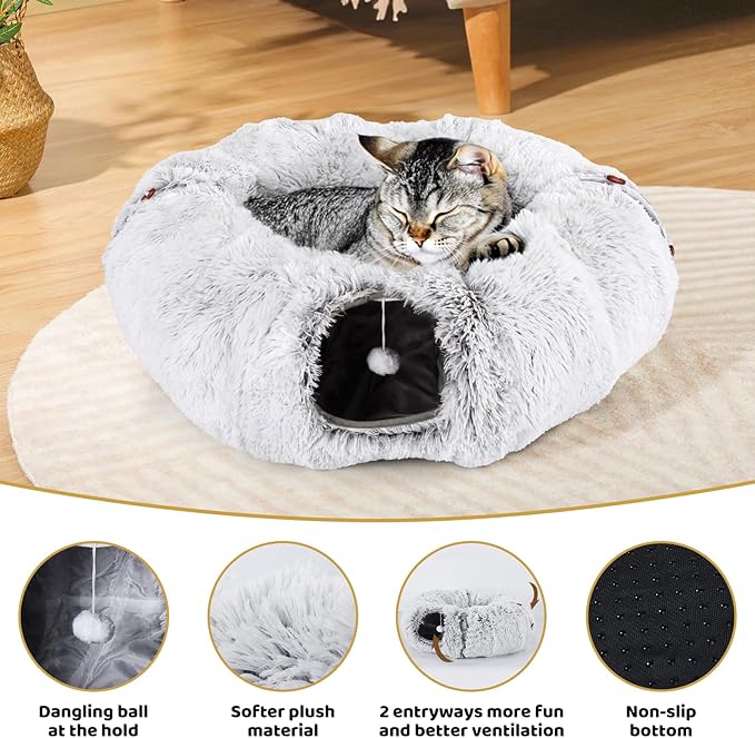 Odoland Cat Tunnels Bed with 20 Cat Toys for Indoor Cats, Plush Cat Couch Tunnel Bed for Kitten, Cat Cave Donut Tunnel - Detachable Soft Cat Bed and Variety Kitty Toy Set, White