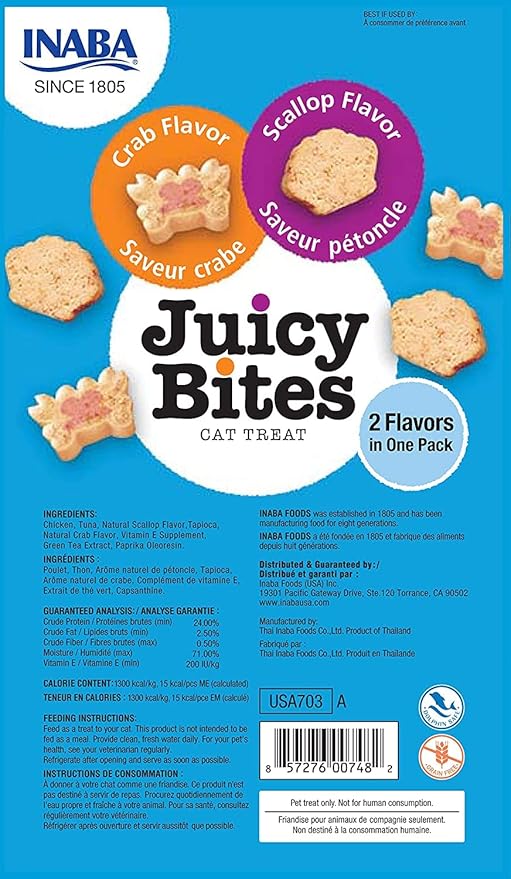 INABA Juicy Bites Grain-Free, Soft, Moist, Chewy Cat Treats with Vitamin E and Green Tea Extract, 0.4 Ounces per Pouch, 9 Pouches (3 per Pouch), Scallop and Crab Flavor