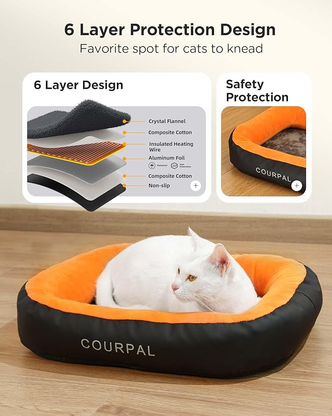 Heated Pet Bed for Indoor Cats - Self Warming Heating Dog Bed with Fur Fluffy Plush - Orthopedic Small Animal Bed with Memory Foam Side for Cat Puppy Rabbit - 4 Timing | 9 Temp | 19"x15"