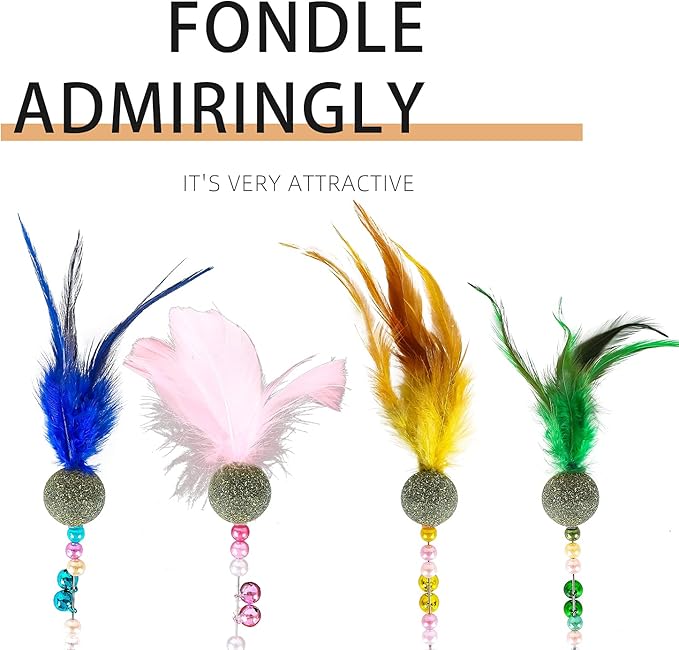 Telescopic Feather cat Toys Combination Interactive Cat Teaser Wand Cat Feather Toys with Loud Bell Long for Cat and Kitten (A-4Pcs)