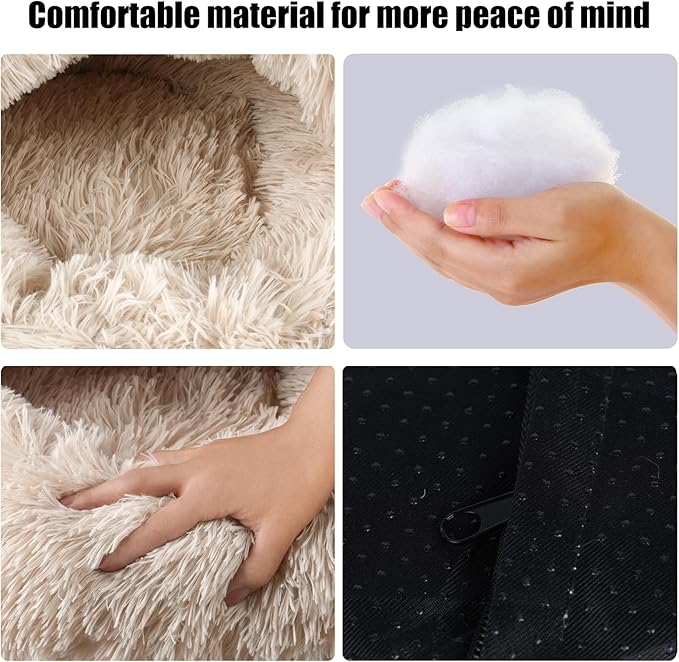 Calming Dog Beds & Cat Cave Bed with Hooded Cover,Washable Round Beds for Small Medium Pets,Anti-Slip Faux Fur Fluffy Coved Bed,Comfortable Warming Pet Bed(20 * 20inch,Beige)