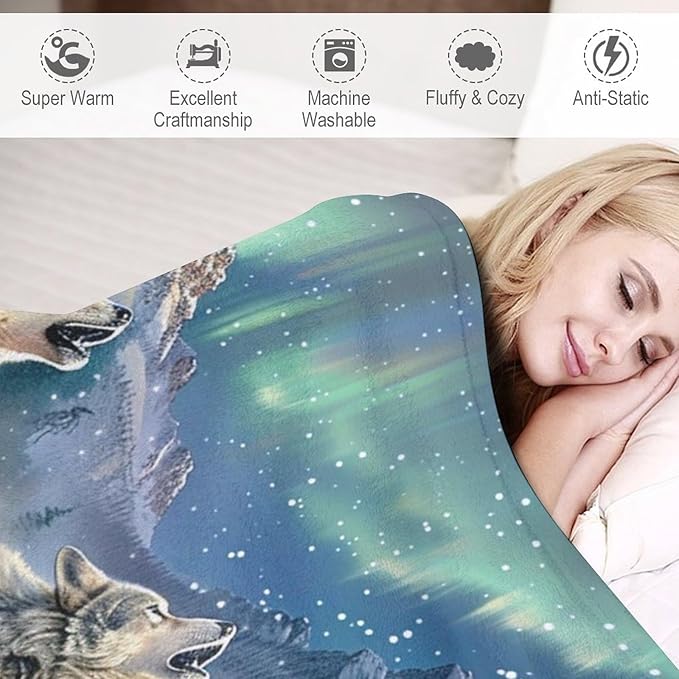 Wolf Blanket Wolf Aurora Borealis Gifts for Girls Boys Woman Kids Wolf Lover Throw Blankets Soft Blanket Warm Fleece Flannel Plush Blankets for Bed Sofa Couch 60"x80"