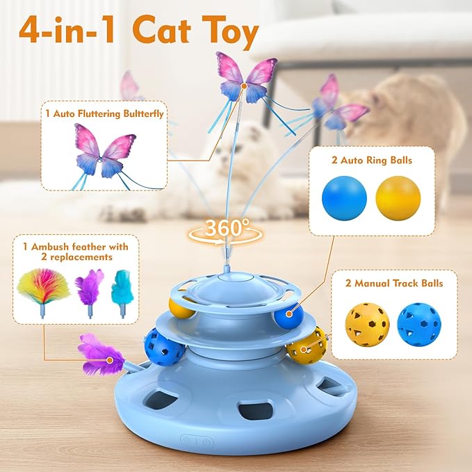 Interactive Cat Toys for Indoor Cats Automatic Cat Toy 4in1 Kitten Toys,Fluttering Butterfly,Random Ambush Feather,Track Balls,Cat Ball Toy for Cat Enrichment USB Charging
