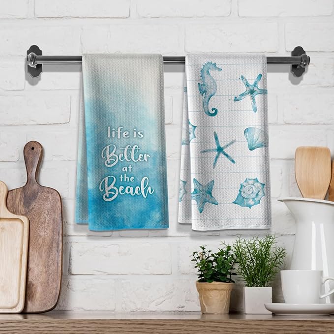 Beach Funny Kitchen Towels for Home Decor Starfish Seahorse Scallop Ocean Themed Summer Dish 16x24 Inch Seasonal Ultra Absorbent Bar Hand Towel Bathroom Farmhouse Set of 2-Blue