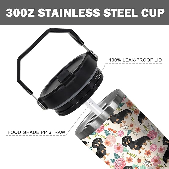 30 Oz Dachshund Tumbler with Handle and Straw, Coffee Mugs for Dog Lovers, Double Wall Stainless Steel Dog Mug, Dachshund Gifts for Women and Men