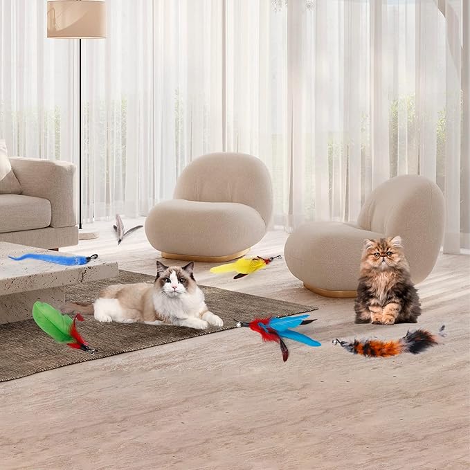 Cat Toys for Indoor Cats, 1PCS Retractable Cat Fishing Rod Toy and 11PCS Cat Feather Toys Teaser Refills, Interactive Cat Toy Wand Kitten Toys to Play Chase Exercise