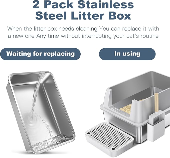 2 Pack Stainless Steel Cat Litter Box with 1Pack Lid, XL Extra Large Litter Box for Big Cats, Metal Litter Box with High Sided Enclosure & Scoop, Anti-Leakage, Non-Sticky, Easy Cleaning