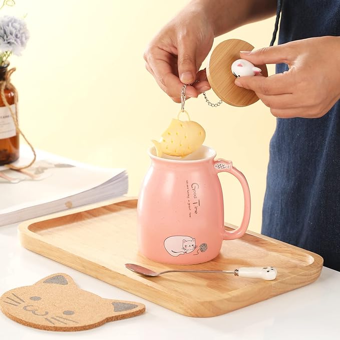 BigNoseDeer 2Pcs Kawaii Cat Mug Cute Tea Cup with Infuser Ceramic Coffee Mugs Cute Cool Preppy Stuff Gifts for Women Cat Gifts for Cat lovers13oz…