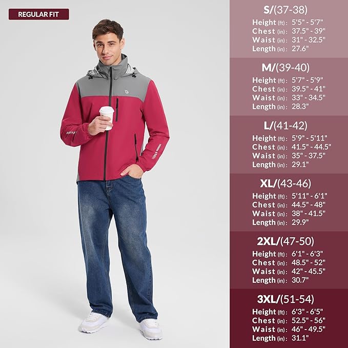 baleaf Men's Rain Jacket Waterproof Windbreaker Running Cycling Golf Hiking Gear Hood Lightweight Reflective Packable