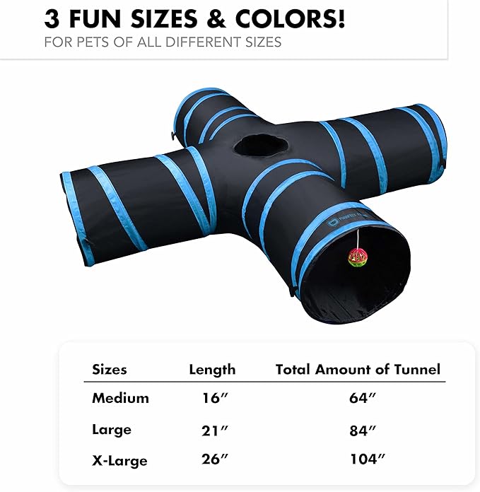 Purrfect Feline - 4 Way Cat Tunnel and Crinkle Cat Toy - Interactive Cat Toy with Cat Ball - Cat Supplies for Indoor Cats - Suitable for Ferrets, Rabbits or Small Dogs - Light Blue - XL