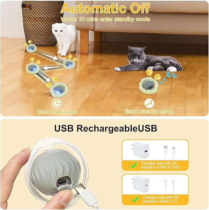 Interactive Cat Toys for Indoor Cats Kitten Puppy, Automatic Motion Cat Toy in Pouch Fast Rolling Ball in Play Mat Hide and Seek Mouse Catching Game with Chirping Stimulation, LED Lights, Auto On/Off