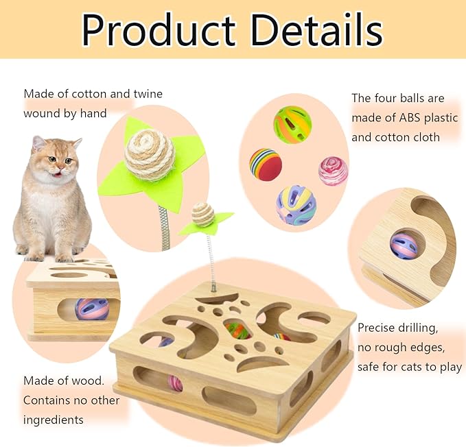 Interactive Cat Toys Puzzle Wood Box, Indoor Sports Entertainment Hunting Cat Toys, Stimulate Cat Sports Vitality (Burlywood)