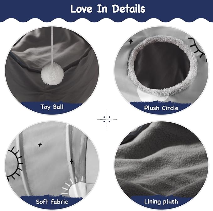 Tempcore Pet Cat Tunnel Tube Cat Toys 3 Way Collapsible, Cat Tunnels for Indoor Cats Fleece-Lined in for Warmth，Kitty Tunnel Bored Cat Pet Toys Peek Hole Toy Ball Cat, Puppy, Kitten, Rabbit Gray Sun