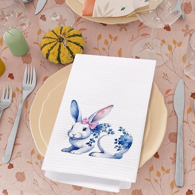SPBL&L Easter Kitchen Towels, Blue and White Chinoiserie Floral Bunny Easter Hand Towels, Bunny Gifts Dish Towels for Kitchen, Easter Kitchen Bathroom Decor, Easter Bunny Decor, 16x24 Inches