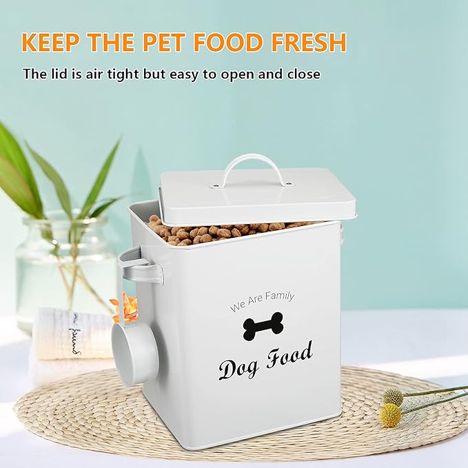 Geyecete Pet Treat and Food Storage Tin with Lid - 5lbs Capacity - Serving Scoop Included … -DOG