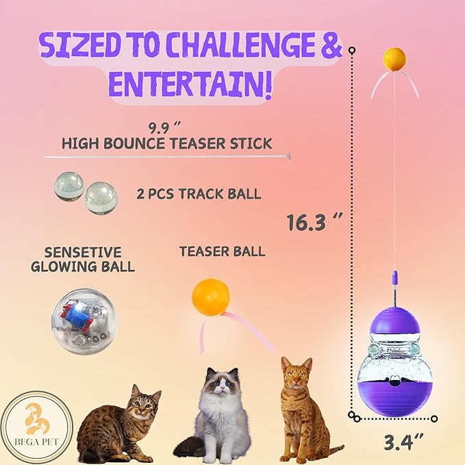 Cat Treat Toy for Indoor Cats - 16.3 '' Cat Interactive & Wand Toy for Bored Adult & Kitten Puzzle Slow Feeder Training Bowl Food Dispenser Track Balls - Christmas & Birthday Gifts (Purple)
