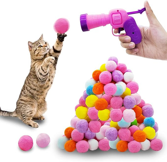 Andiker Cat Toy Balls Set, 30pcs Plush Cat Pom Pom Balls&a Plastic Launcher Set for Cat Catch&Fetch Interactive Cat Toy with Colorful&Soft Cat Balls for Indoor Cats to Keep Fit (Pink 100balls)
